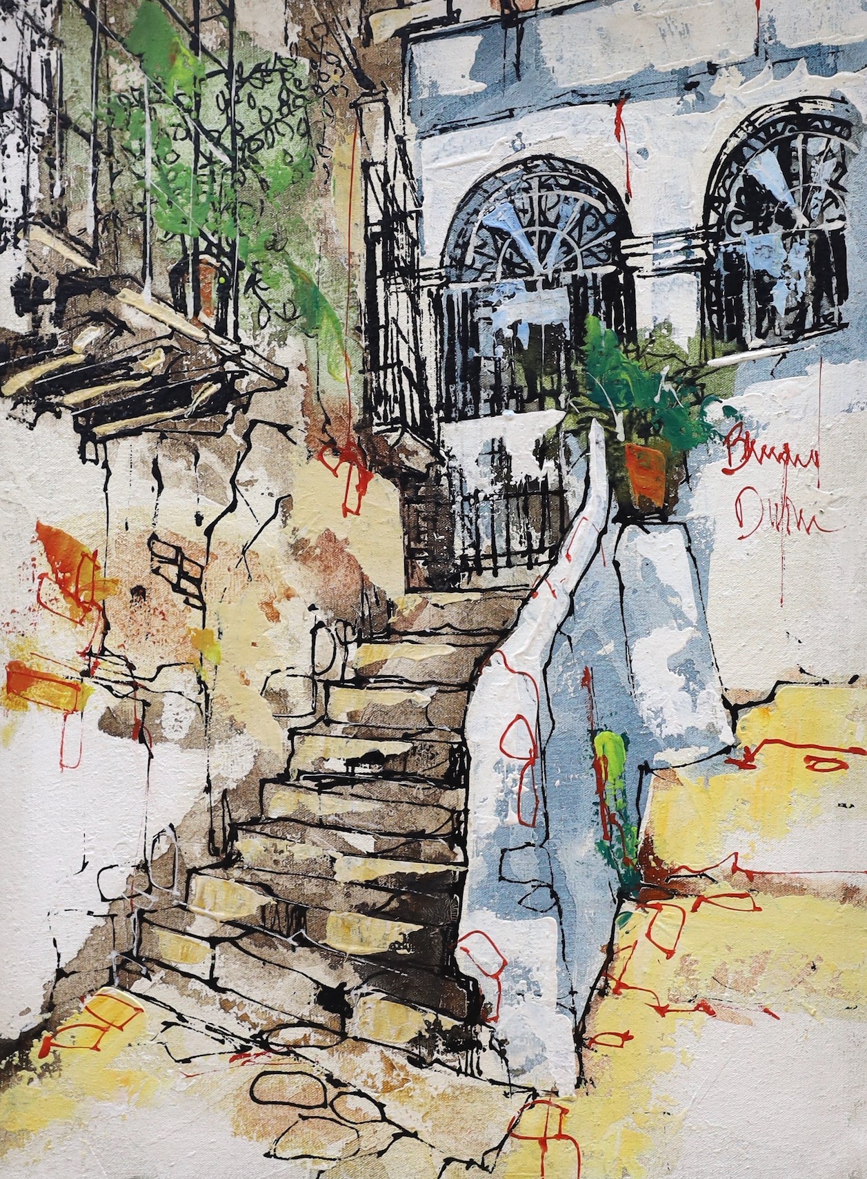 Bernard Dufour (1922-2016), oil on canvas board, Mediterranean steps, 35 x 44cm